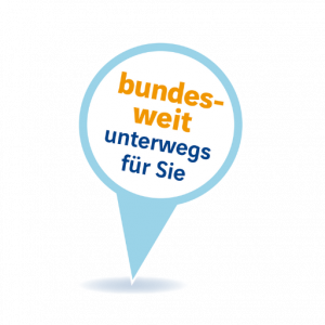 Icon mit Text 'bundesweit unterwegs für Sie' in einem blauen Karten-Pin