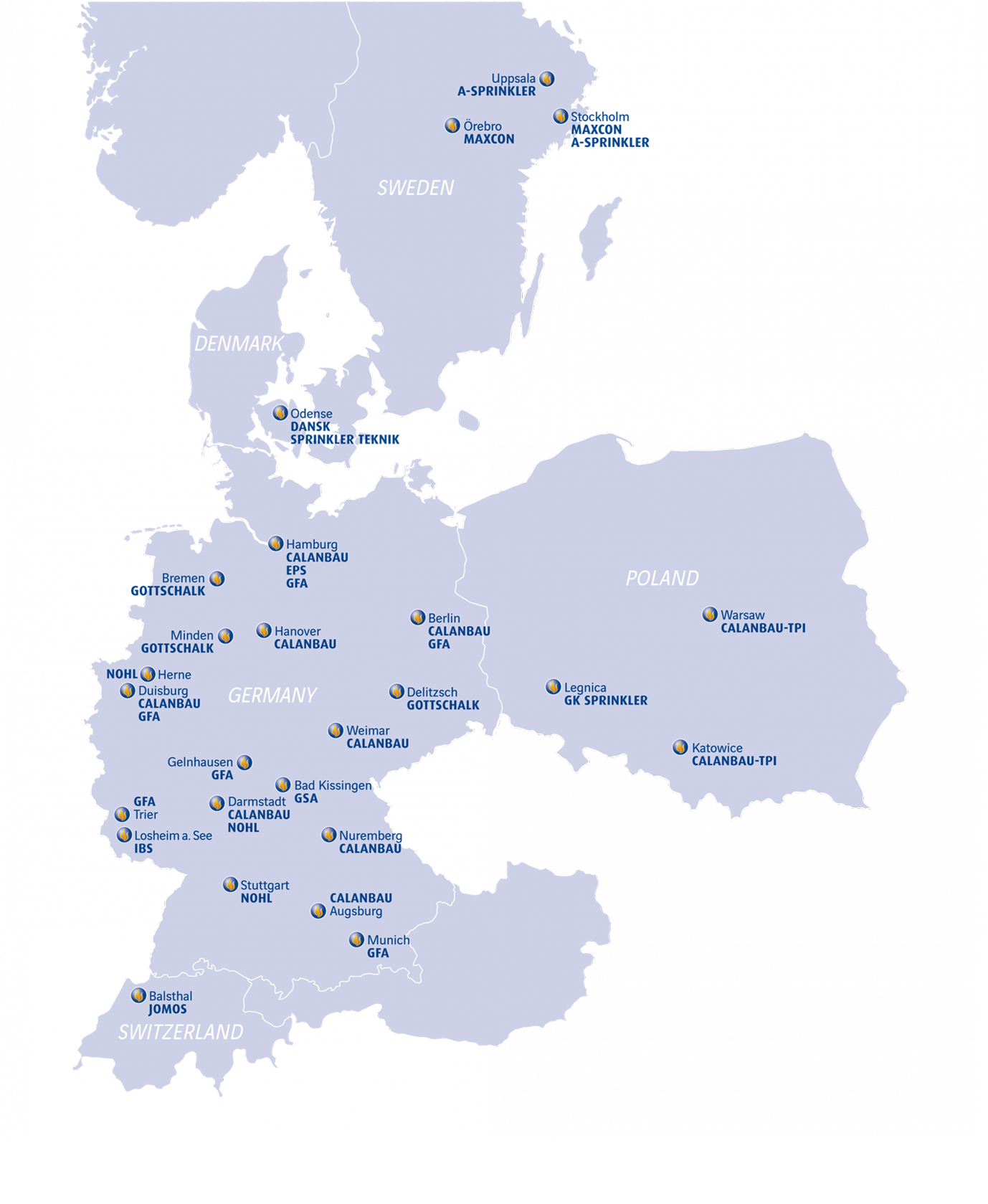 Location map of Fire Protection Solutions in Europe: You can also find us near you in Germany, Denmark, Poland, Sweden, and Switzerland.