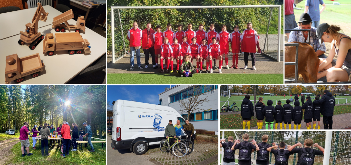 Collage verschiedener Sponsoring‑Projekte 2025: Kinder beim Spielen, Fußballmannschaften mit Ausstattung, Jugendgruppe im Wald, Spendenübergabe und Vereinsaktivitäten.