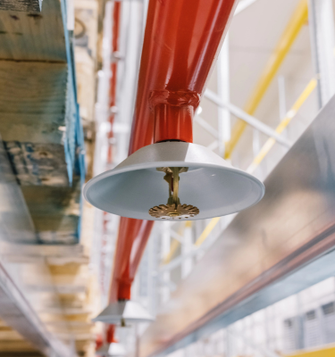 Sprinklerkopf an einer roten Sprinklerleitung vor einem Hochregal