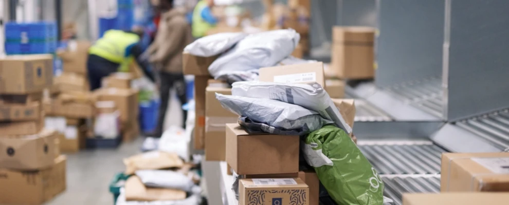 Pakete und Warensendungen auf einem Förderband im Logistikzentrum, Mitarbeitende im Hintergrund unscharf erkennbar.