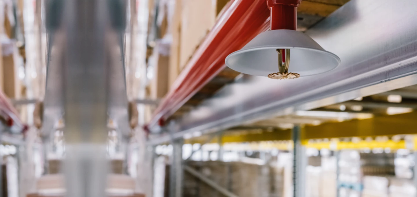 Sprinklerkopf einer Sprinkleranlage in einem Lager zur Brandbekämpfung