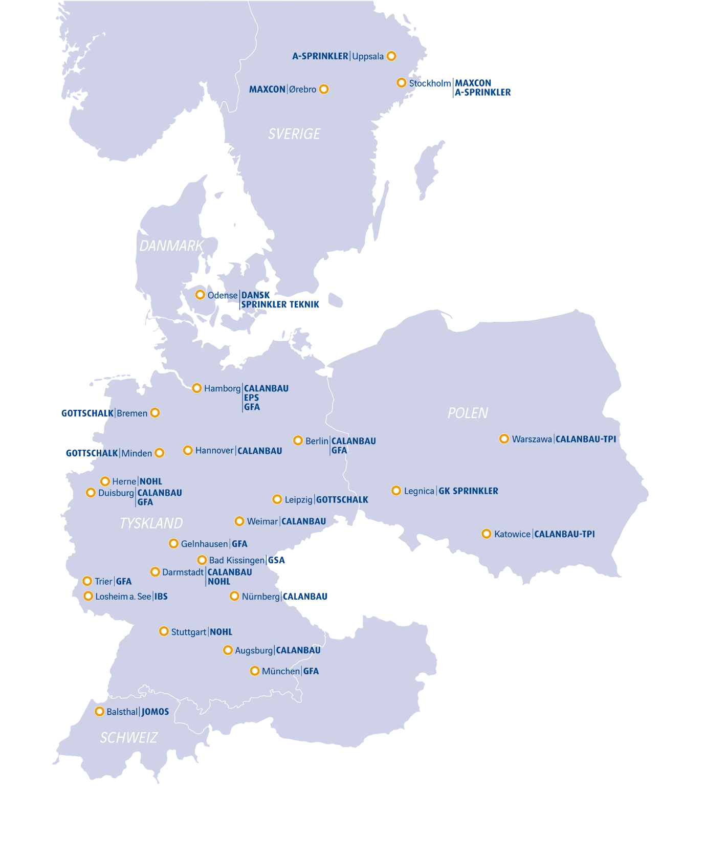 Location map of Fire Protection Solutions in Europe: You can also find us near you in Germany, Denmark, Poland, Sweden, and Switzerland.