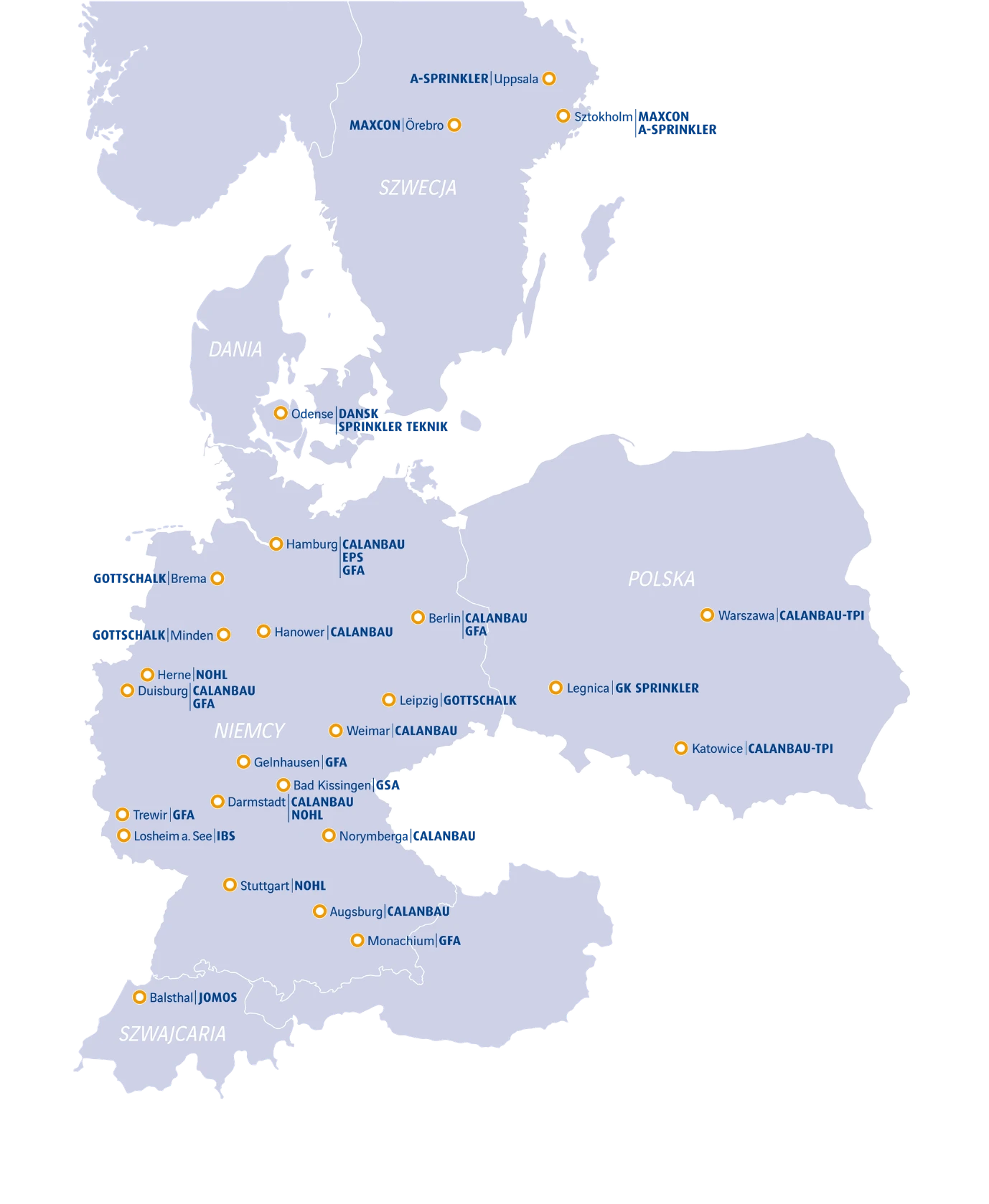 Mapa lokalizacji Fire Protection Solutions w Europie: Znajdź nas również w swojej okolicy w Niemczech, Danii, Polsce, Szwecji i Szwajcarii.