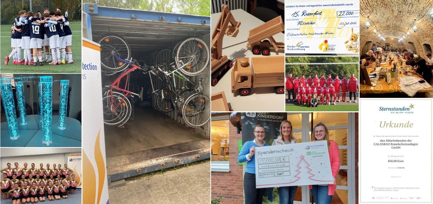 Collage mit sozialen, sportlichen und nachhaltigen Projekten der Fire Protection Solutions Group, darunter Sportförderung, Fahrrad-Challenge, Spendenaktionen und Gemeinschaftsveranstaltungen.